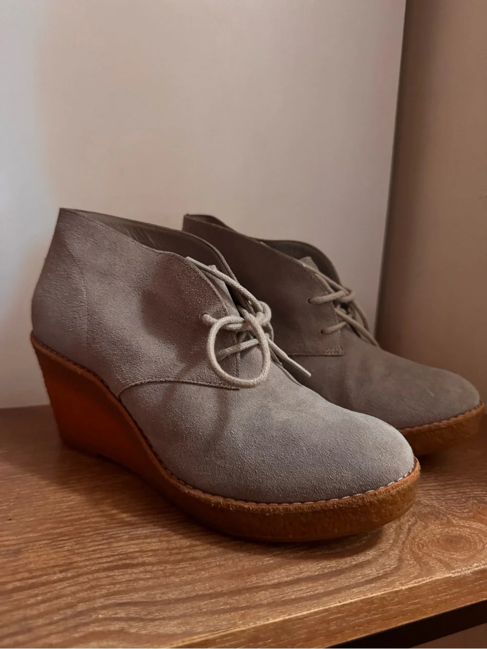 COLE HAAN Wedge Desert Booties in Light Gray - Suede Lace-Up Women’s Shoes